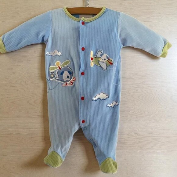 Tapioca by Little Me Colorblock Helicopter Airplane Flying Dogs Footie Size 3M - Picture 1 of 7